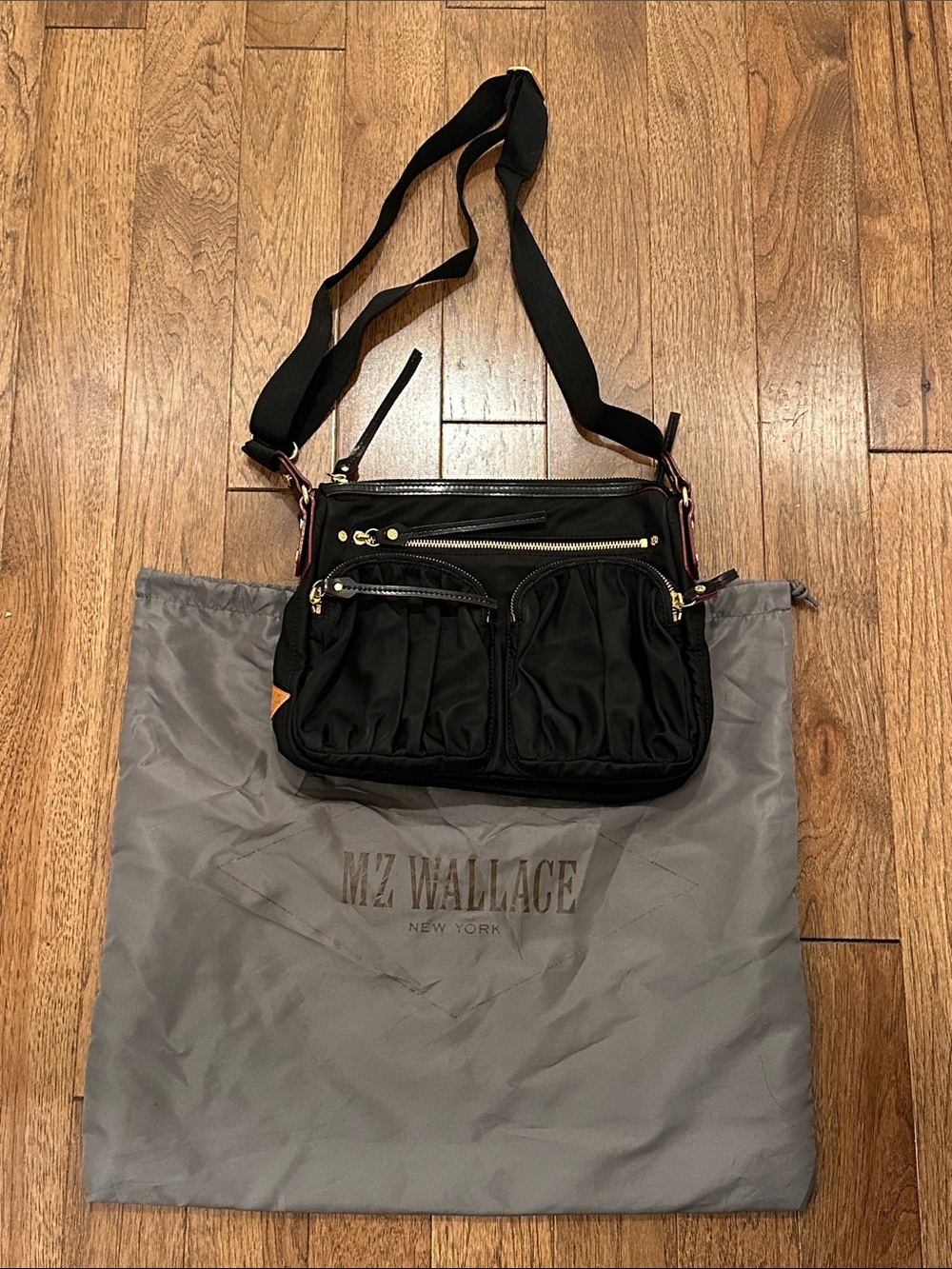 MZ Wallace Black Nylon Crossbody with Gold Hardware | A27